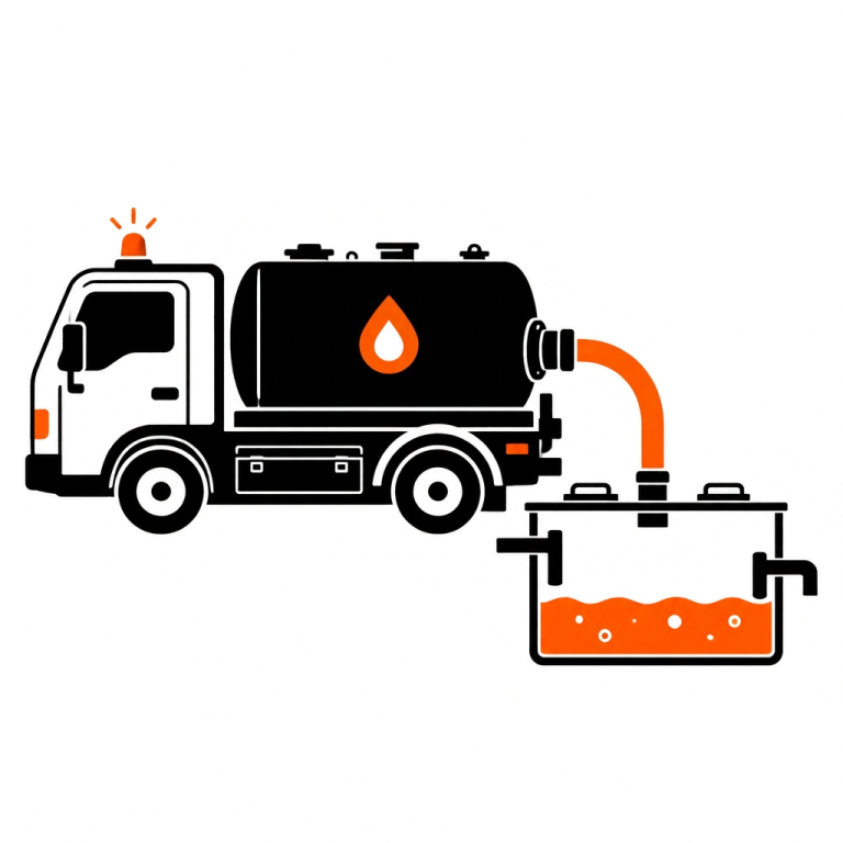 Reinigung & Ensorgung Ein Tankwagen pumpt orange Flüssigkeit in einen Behälter.